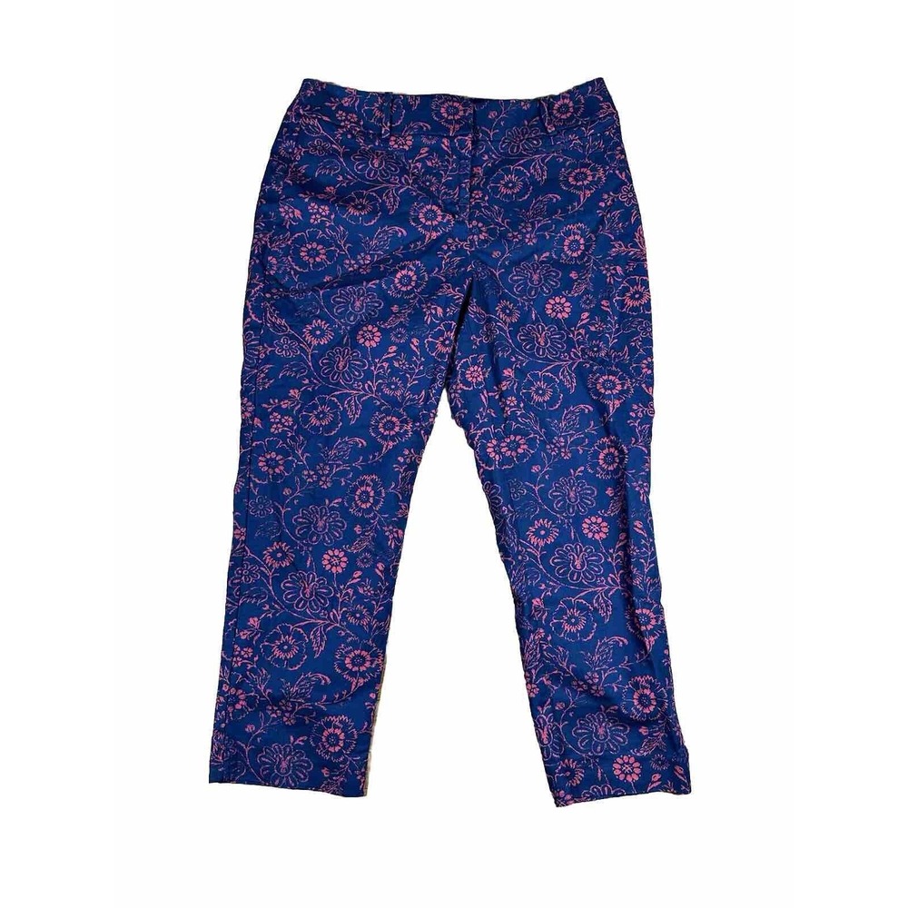 Loft Ann Taylor Women Julie Pants Size 10 Navy Red Floral High Rise Cotton Blend